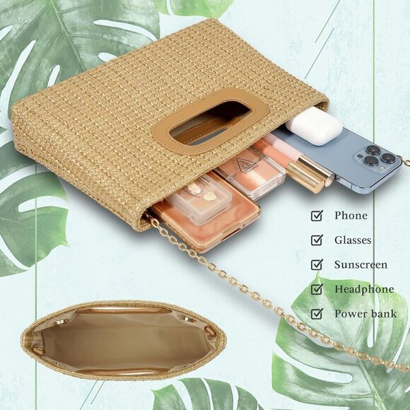 Women Straw Clutch Handbag with Gold Chain Detachable Shoulder Strap main image 7